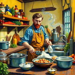 Vincent van Gogh, depicted in a vibrant kitchen, enthusiastically cooking and washing dishes