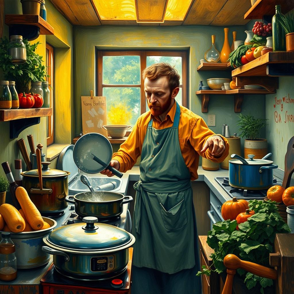 Vincent van Gogh, depicted in a vibrant kitchen, enthusiastically cooking and washing dishes