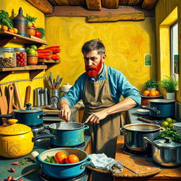 Vincent van Gogh, depicted in a vibrant kitchen, enthusiastically cooking and washing dishes