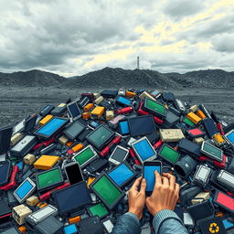 A visually striking illustration of electronic waste, showcasing a chaotic pile of discarded electronics like old computers, laptops, and smartphones with their components such as circuit boards, batteries, and screens prominently displayed