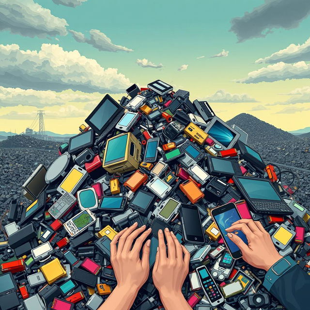 A visually striking illustration of electronic waste, showcasing a chaotic pile of discarded electronics like old computers, laptops, and smartphones with their components such as circuit boards, batteries, and screens prominently displayed