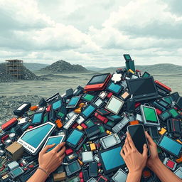 A visually striking illustration of electronic waste, showcasing a chaotic pile of discarded electronics like old computers, laptops, and smartphones with their components such as circuit boards, batteries, and screens prominently displayed
