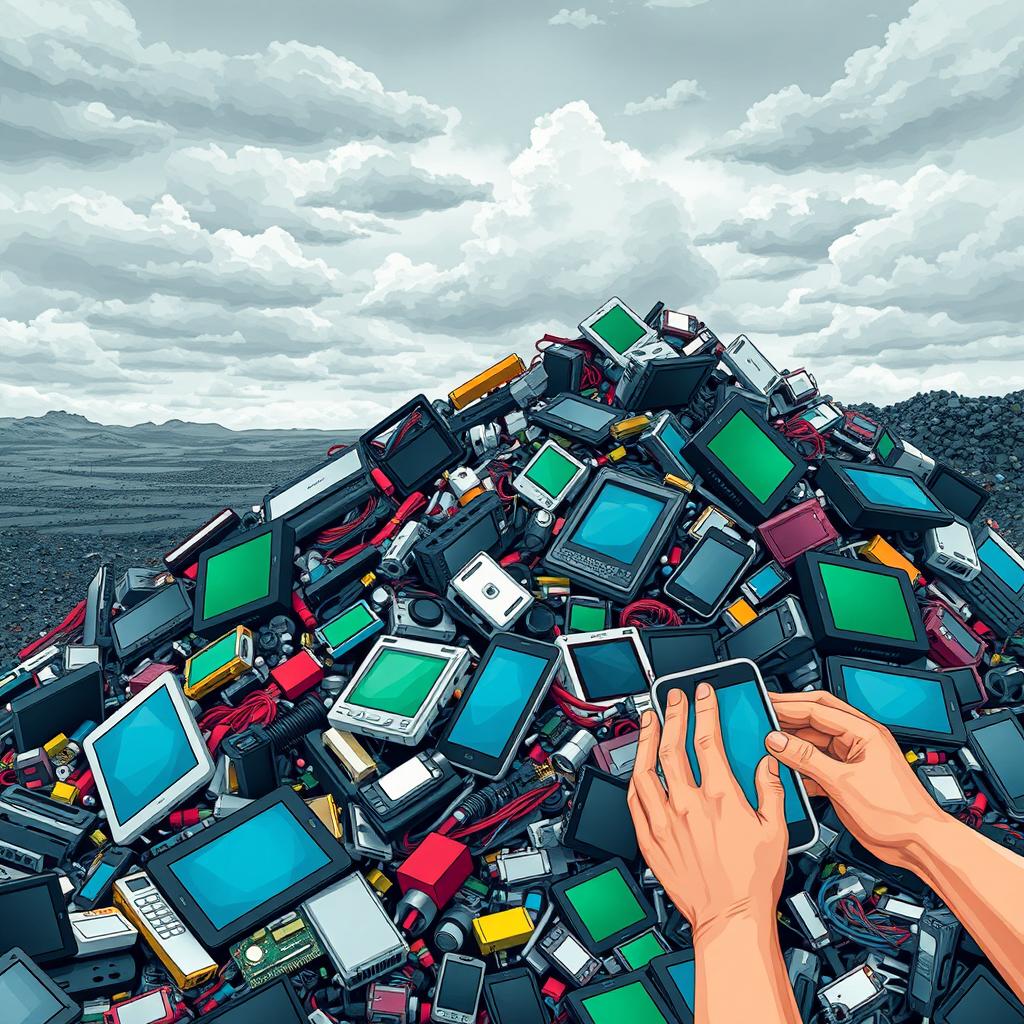 A visually striking illustration of electronic waste, showcasing a chaotic pile of discarded electronics like old computers, laptops, and smartphones with their components such as circuit boards, batteries, and screens prominently displayed