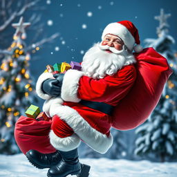 A joyful Santa Claus dressed in a traditional red suit with white fur trim, black belt, and shiny black boots