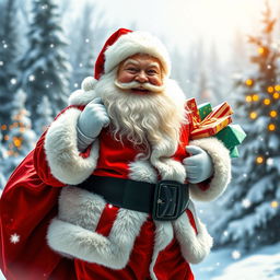 A joyful Santa Claus dressed in a traditional red suit with white fur trim, black belt, and shiny black boots