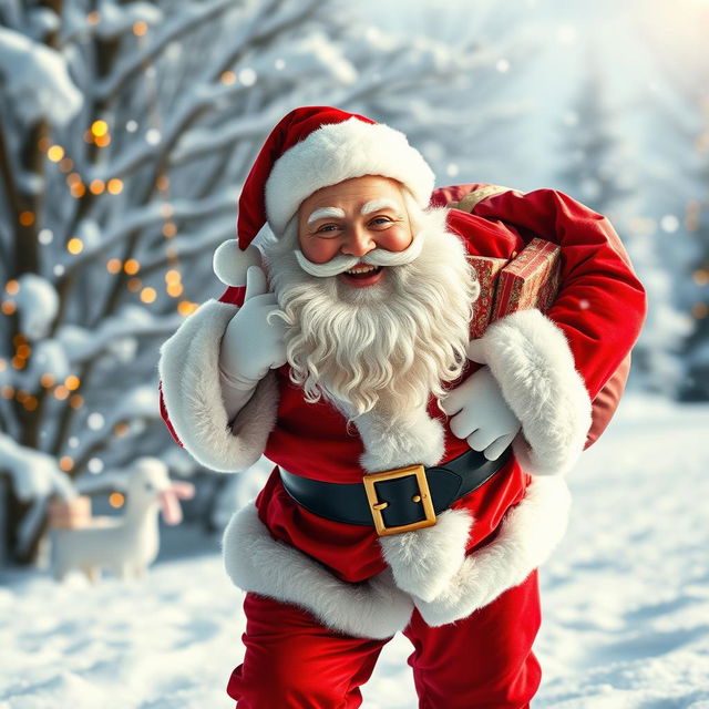 A joyful Santa Claus dressed in a traditional red suit with white fur trim, black belt, and shiny black boots