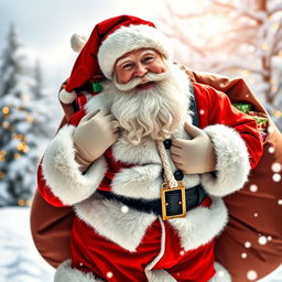 A joyful Santa Claus dressed in a traditional red suit with white fur trim, black belt, and shiny black boots