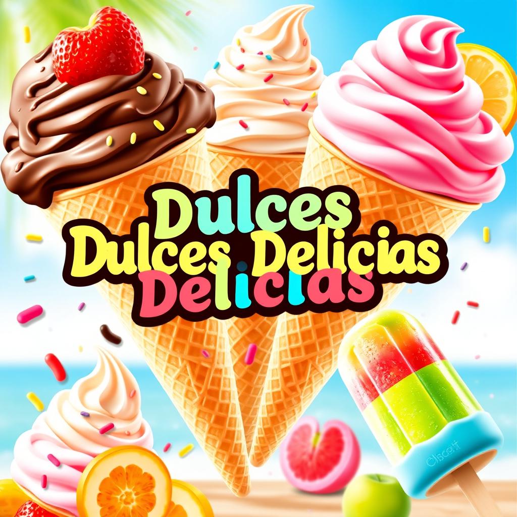 A vibrant and colorful flyer design promoting the sale of ice cream cones and popsicles