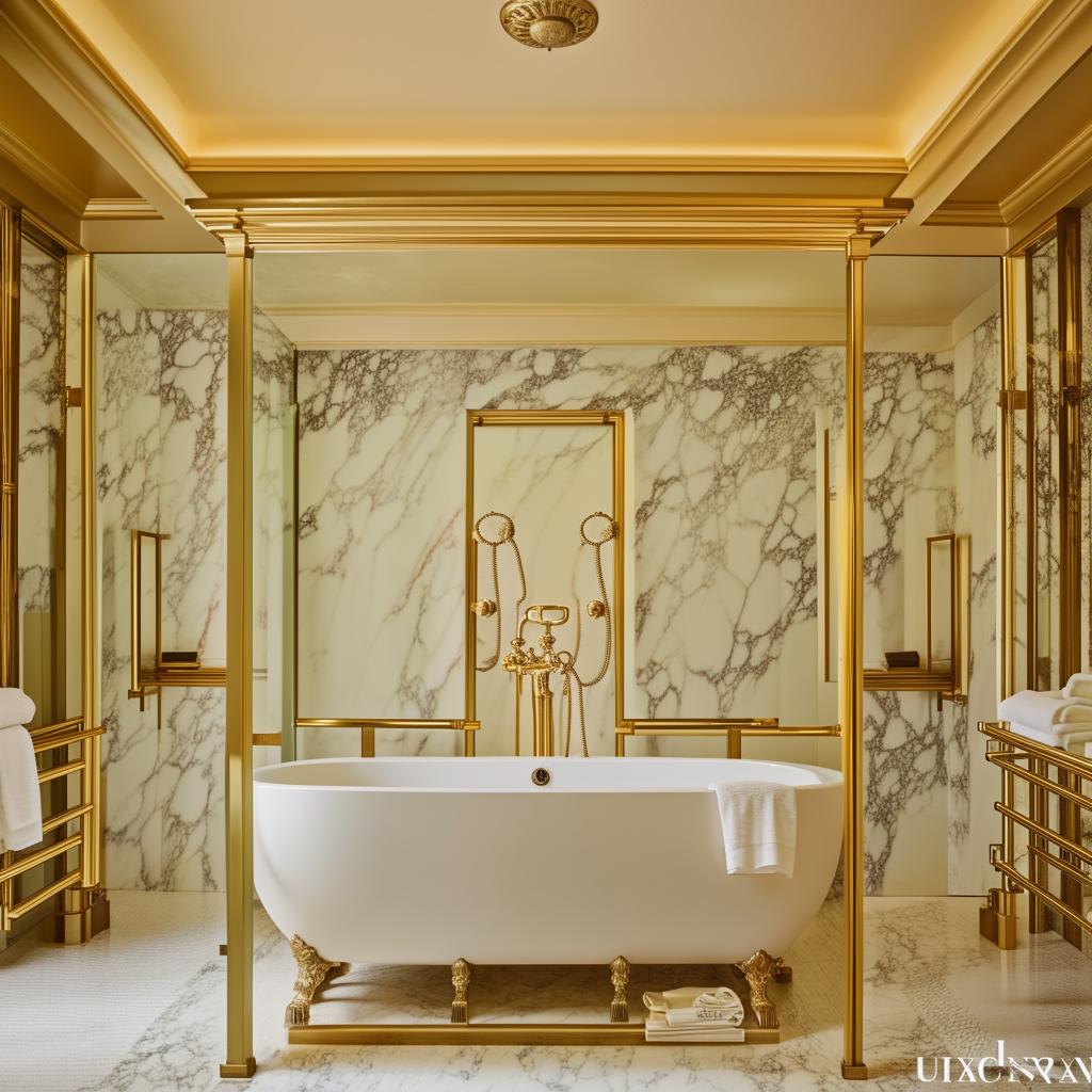 A luxurious bathroom featuring a large, ornate bathtub at the center, marble countertops, gold fixtures, a glass-walled shower, and plush white towels hanging on warming racks.