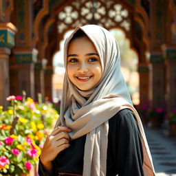 A beautiful hijab-wearing girl with an enchanting smile, dressed in a stylish yet modest outfit