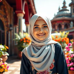 A beautiful hijab-wearing girl with an enchanting smile, dressed in a stylish yet modest outfit