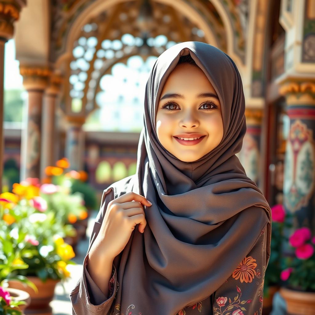 A beautiful hijab-wearing girl with an enchanting smile, dressed in a stylish yet modest outfit