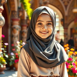 A beautiful hijab-wearing girl with an enchanting smile, dressed in a stylish yet modest outfit