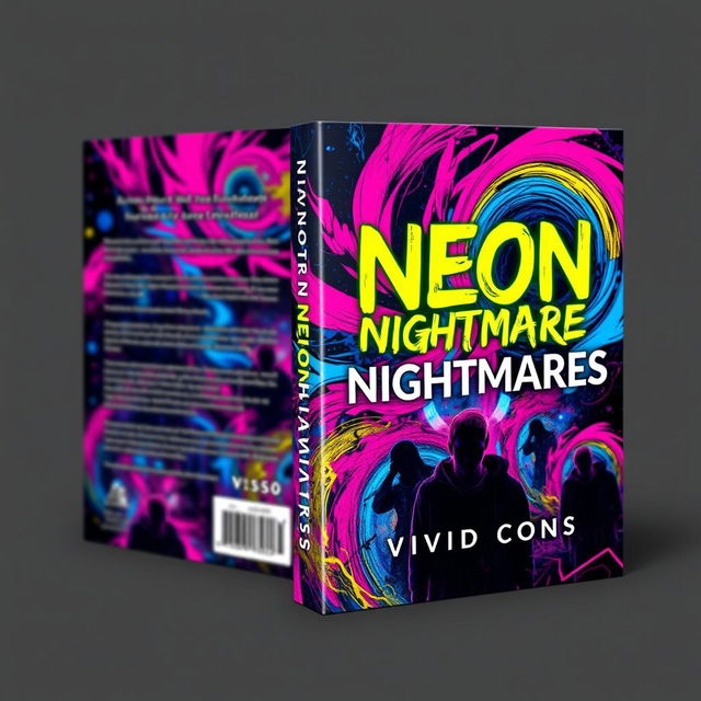 A book cover design for 'Neon Nightmares' by Vivid Visions, featuring a vivid and abstract representation of psychological horror