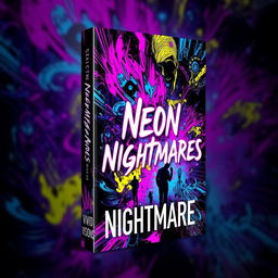 A book cover design for 'Neon Nightmares' by Vivid Visions, featuring a vivid and abstract representation of psychological horror