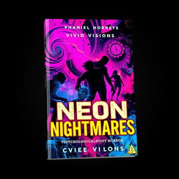 A book cover design for 'Neon Nightmares' by Vivid Visions, featuring a vivid and abstract representation of psychological horror