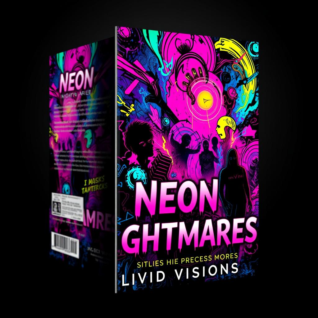 A book cover design for 'Neon Nightmares' by Vivid Visions, featuring a vivid and abstract representation of psychological horror