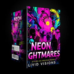 A book cover design for 'Neon Nightmares' by Vivid Visions, featuring a vivid and abstract representation of psychological horror