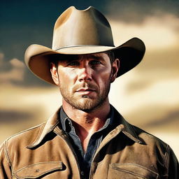 This high-quality digital art image depicts a man resembling actor Jensen Ackles as a Texas construction worker