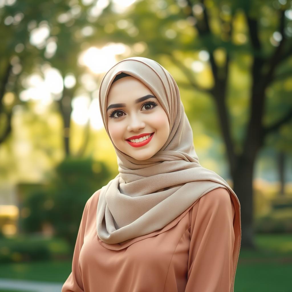 A beautiful hijab-wearing woman, radiating elegance and charm, with an inviting smile and expressive eyes