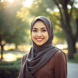 A beautiful hijab-wearing woman, radiating elegance and charm, with an inviting smile and expressive eyes