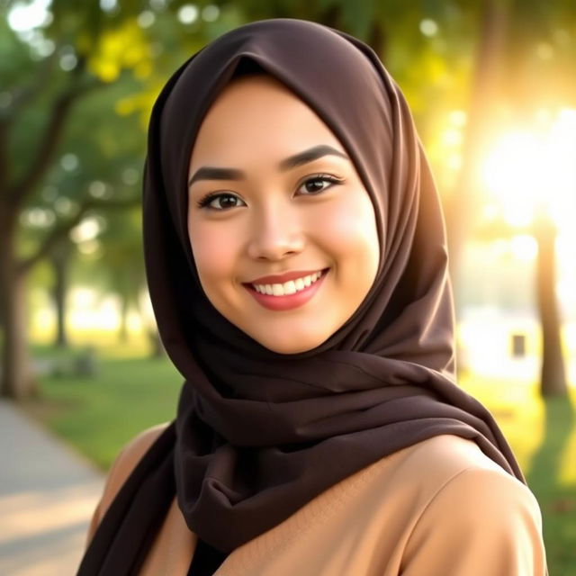 A beautiful hijab-wearing woman, radiating elegance and charm, with an inviting smile and expressive eyes