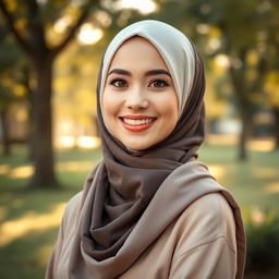 A beautiful hijab-wearing woman, radiating elegance and charm, with an inviting smile and expressive eyes