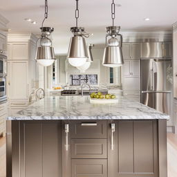 Modern kitchen with stainless steel appliances, smooth granite countertops, a large island in the center, and stylish pendant lights.