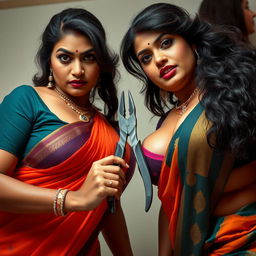 Two sexy hot busty milf aunties dressed in vibrant sarees and low-cut tight blouses, bent forward in a powerful and commanding pose, looking directly at a low camera angle