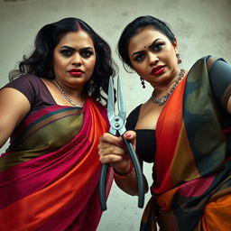 Two sexy hot busty milf aunties dressed in vibrant sarees and low-cut tight blouses, bent forward in a powerful and commanding pose, looking directly at a low camera angle