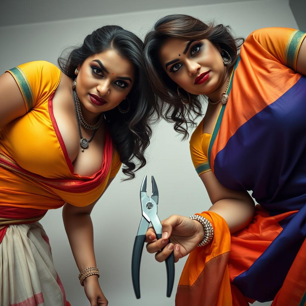 Two sexy hot busty milf aunties dressed in vibrant sarees and low-cut tight blouses, bent forward in a powerful and commanding pose, looking directly at a low camera angle