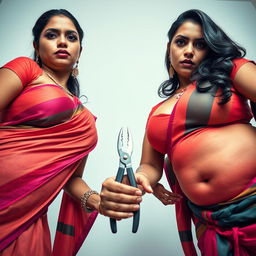 Two sexy hot busty milf aunties dressed in vibrant sarees and low-cut tight blouses, bent forward in a powerful and commanding pose, looking directly at a low camera angle