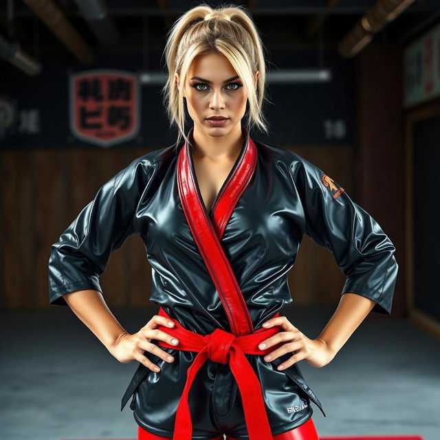 A striking female martial artist stands confidently in a dojo, wearing glossy black and red attire