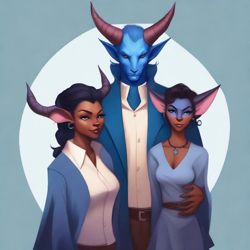 A high-resolution digital art piece illustrating a family of three modern tieflings, each with a striking blue skin tone