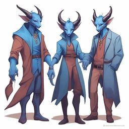 A high-resolution digital art piece illustrating a family of three modern tieflings, each with a striking blue skin tone