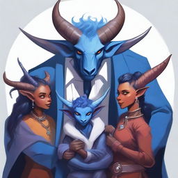 A high-resolution digital art piece illustrating a family of three modern tieflings, each with a striking blue skin tone