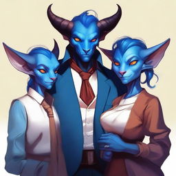 A high-resolution digital art piece illustrating a family of three modern tieflings, each with a striking blue skin tone