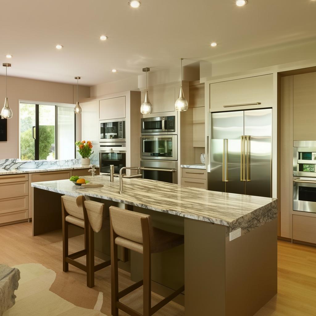 Modern kitchen with stainless steel appliances, smooth granite countertops, a large island in the center, and stylish pendant lights.