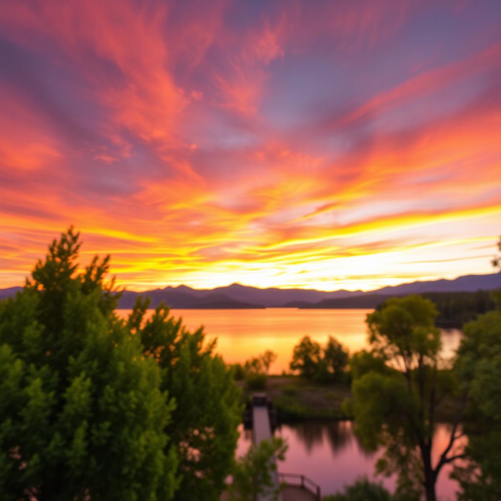 A detailed landscape scene with a vibrant sunset over a tranquil lake