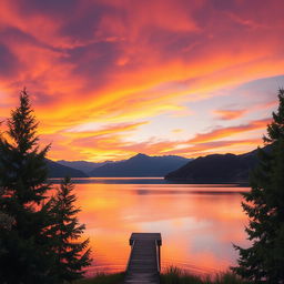 A detailed landscape scene with a vibrant sunset over a tranquil lake