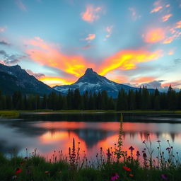 A serene landscape featuring a picturesque mountain range during sunrise, with vibrant colors in the sky reflecting on a tranquil lake