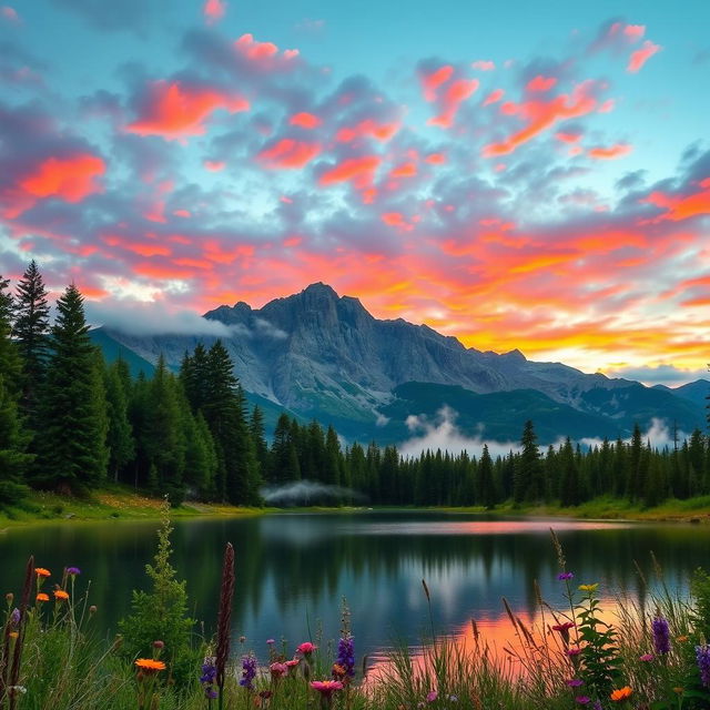 A serene landscape featuring a picturesque mountain range during sunrise, with vibrant colors in the sky reflecting on a tranquil lake