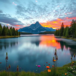 A serene landscape featuring a picturesque mountain range during sunrise, with vibrant colors in the sky reflecting on a tranquil lake