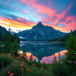 A serene landscape featuring a picturesque mountain range during sunrise, with vibrant colors in the sky reflecting on a tranquil lake