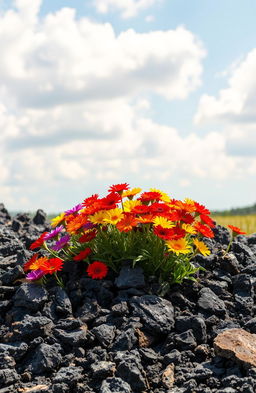 A vibrant landscape where colorful flowers bloom spectacularly from dark ashes, symbolizing hope and rebirth