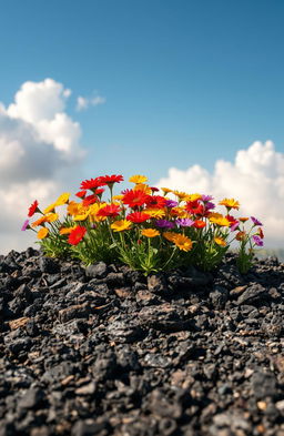 A vibrant landscape where colorful flowers bloom spectacularly from dark ashes, symbolizing hope and rebirth
