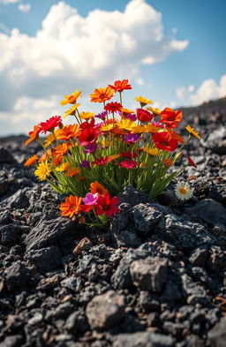 A vibrant landscape where colorful flowers bloom spectacularly from dark ashes, symbolizing hope and rebirth