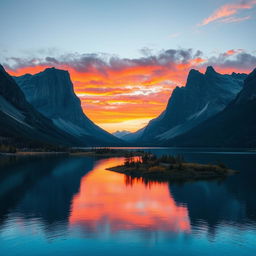A serene landscape with a vibrant sunset over a calm lake surrounded by towering mountains