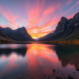 A serene landscape with a vibrant sunset over a calm lake surrounded by towering mountains
