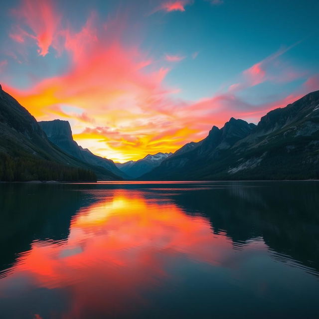 A serene landscape with a vibrant sunset over a calm lake surrounded by towering mountains